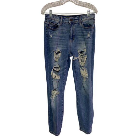 Judy Blue Jeans Women's Sz 27 Blue Boyfriend Fit Distressed Ripped Denim - Picture 3 of 13